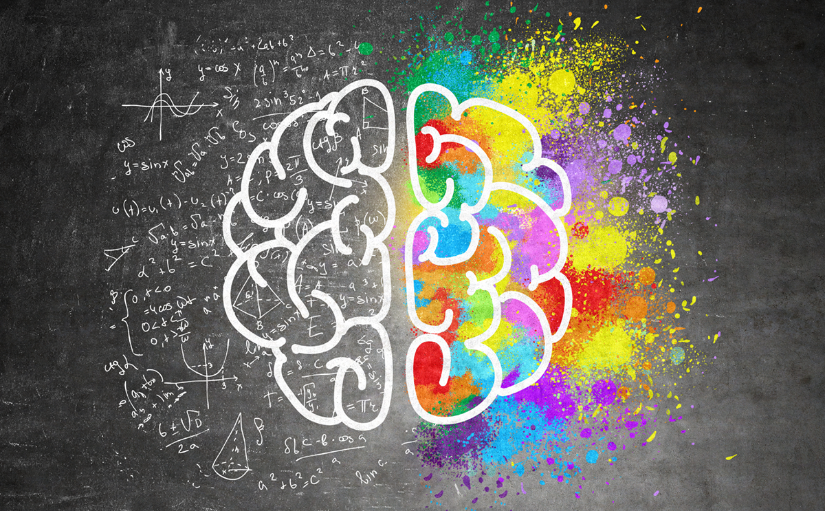 a drawing of a brain with explosions of color on one side of the lobe 