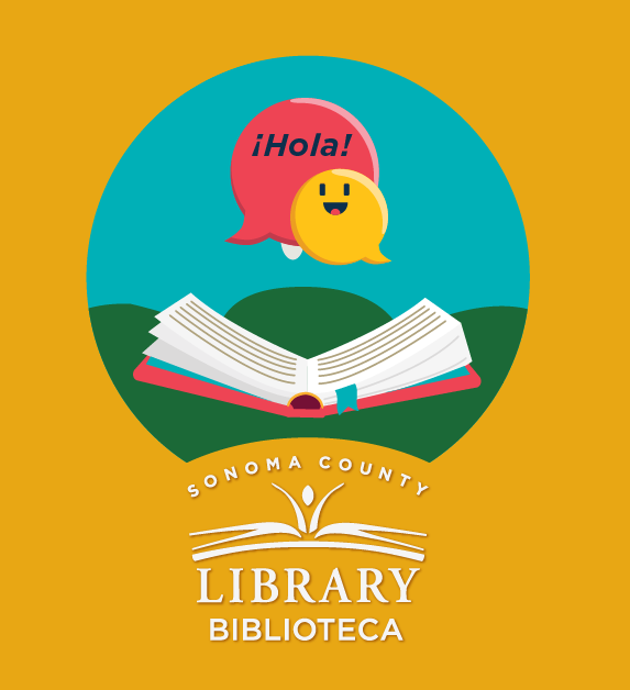 Graphic of open book and speech bubbles, one says 'Hola!'