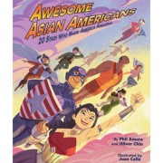 Cover of 20 Awesome Asian Americans, featuring Captain America and Wonder Woman zooming through the sky.