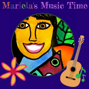 Drawing of Mariela, flowers, and guitar.
