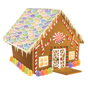 Graphic of a decorated gingerbread house.