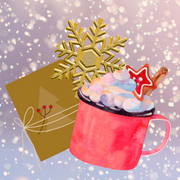 Graphic of red mug of cocoa with whipped cream, a snowflake, and a card.