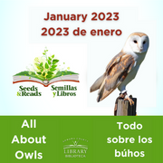 Seeds and Reads logo of a book with a plant emerging and photo of a barn owl.