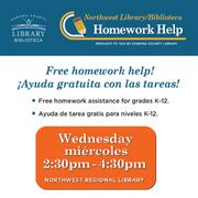Library logo and Homework Help event details: Wednesdays at 2:30 pm at Northwest Library