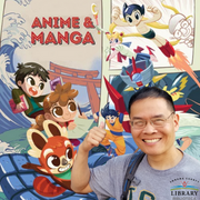 Photo of Oliver Chin standing in front of his book cover with anime characters.
