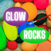 Photo of painted rocks and glowing letters that spell: Glow Rocks.