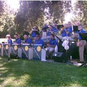 Moonlighters Swing Band, with 10 members, performing outside on a grassy field.