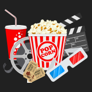 Graphic of film reel, soda, popcorn, 3D glasses, tickets, and clapboard.