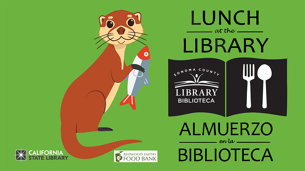 Image: Otto holding a fish. Text: Lunch at the Library / Almuerzo en la Biblioteca