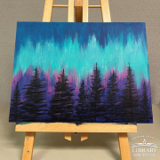 Painting of dark trees with blue, purple, and pink Northern Lights behind them.