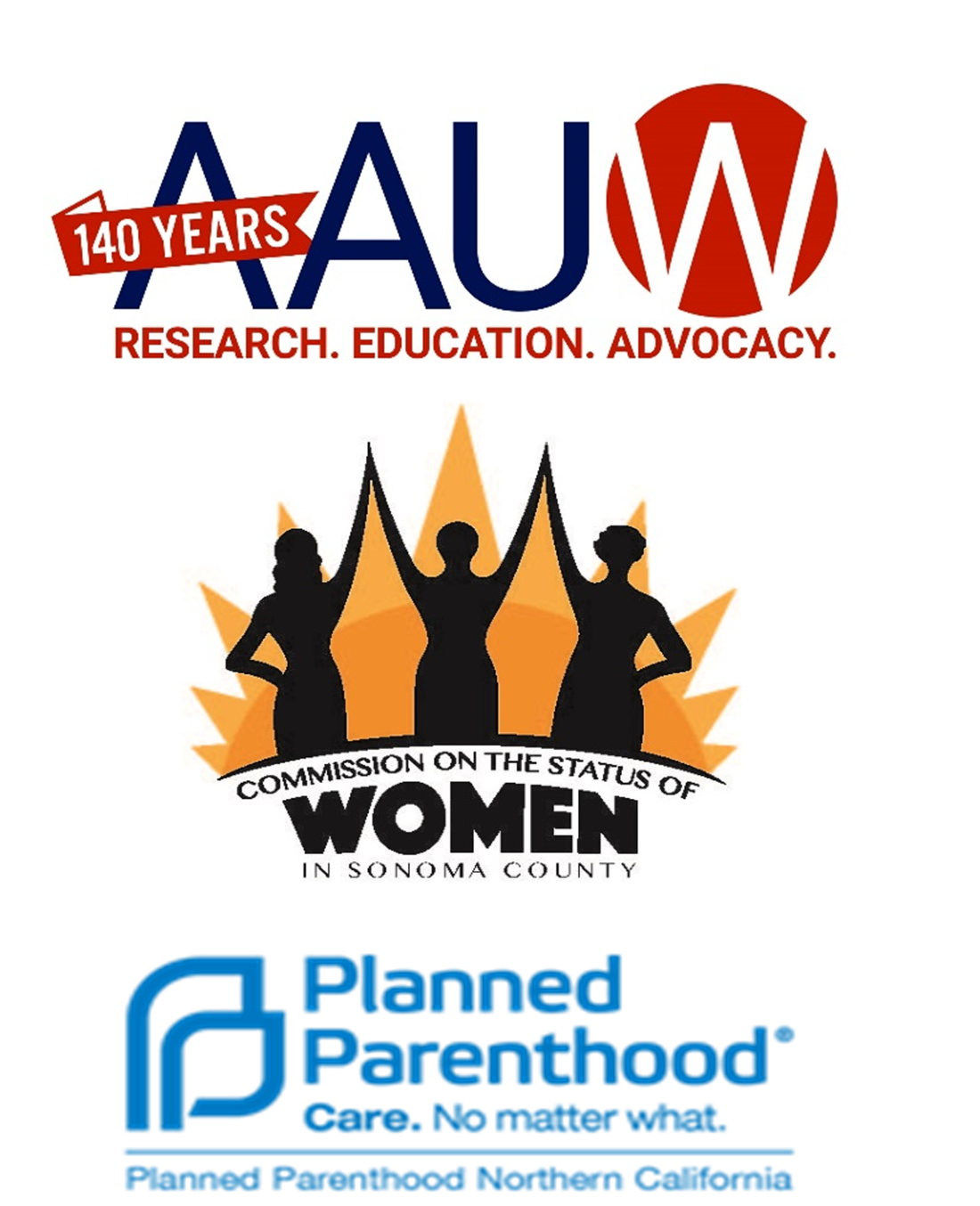 Logos for American Association of University Women, The Commission on the Status of Women Sonoma County, and Planned Parenthood