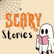Scary stories with a graphic of a ghost reading a book.