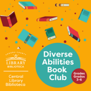 Diverse abilities book club. Graphic of colorful books falling.