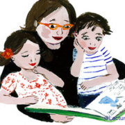 Drawing of an adult and two children reading a book.