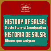 Red and green graphic that reads, "History of Salsa: Music Story of Immigration
