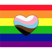 Graphic of a rainbow flag with a heart in the middle featuring the trans flag stripes and black and brown stripes to represent BIPOC folx.