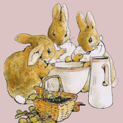 Drawing of bunnies flopsy, mopsy, and cottontail looking into a tea cup.