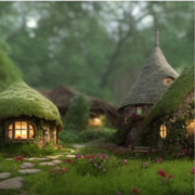 Photo of little tiny cottages surrounded by moss.