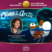 Book cover of Oona in the Artic and photo of illustrator Raissa Figueroa.