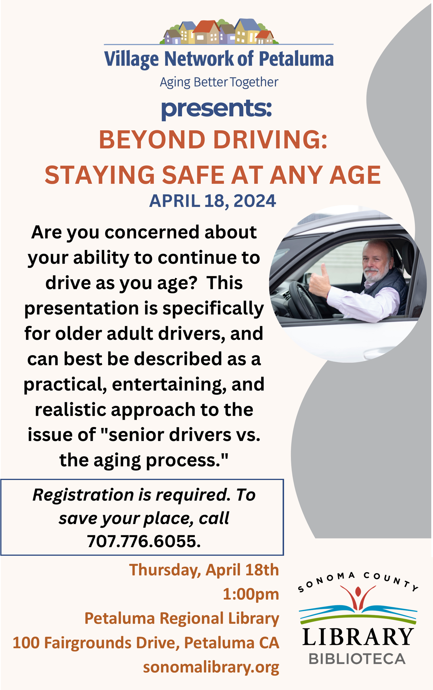 Poster announcing event on April 18, Village Network of Petaluma presents Beyond Driving: Staying Safe at Any Age