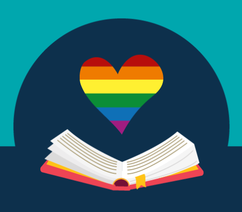 Open book with rainbow heart above it.