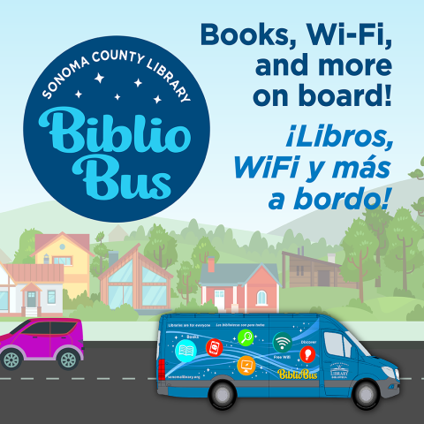 Drawing of the Bus driving down a street. Reads: Books, Wi-Fi, and more on board.