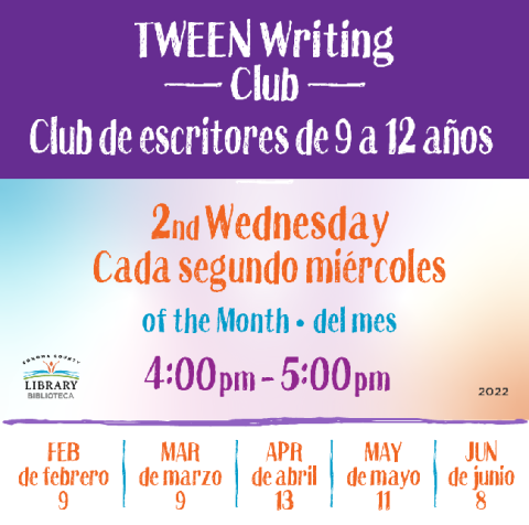 Tween writing club graphic with dates and times.