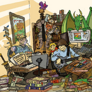 Illustration of Gio at home playing bass, surrounded by objects and a dragon!