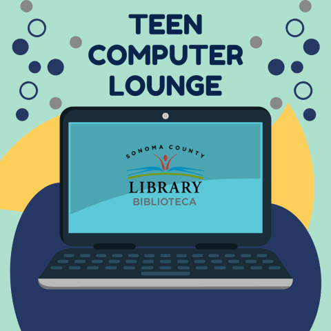 Picture of a laptop computer and text that reads Teen Computer Lounge.