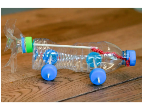 Race car made with plastic water bottle.