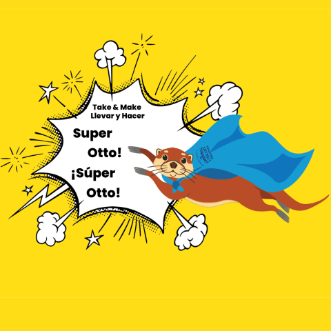Image of Otto the otter flying in a cape.