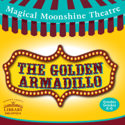 Circus tent style colorful graphic that reads The Golden Armadillo.