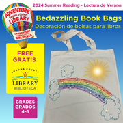 Photo of a book bag with a sparkly rainbow, sun, and clouds.