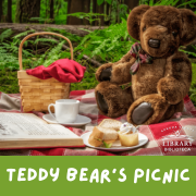 Photo of a teddy bear having a picnic and reading a book.