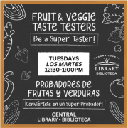 Fruit & Veggies Taste Testers written on a chalkboard graphic.