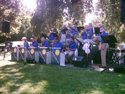 This image is of a row of band players sitting in two rows, the row in back on a riser. They are outside under a shady tree.