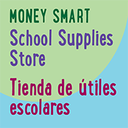 Graphic with text Money Smart School Supplies Store Teinda de utiles escolares