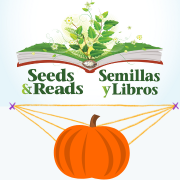 Seeds and Reads graphic with flowers coming out of a book and a pumpkin with perspective lines.