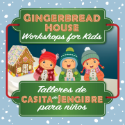 Graphic of decorated gingerbread house and kids singing.