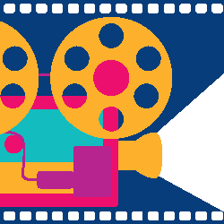 Graphic of movie camera with reels