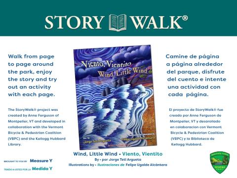 StoryWalk branding with picture of the book Viento Vientito (Wind, Little Wind) that will be featured at this StoryWalk event