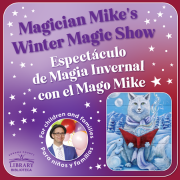 Winter Magic graphic featuring a white wolf reading a book and a picture of Magician Mike.