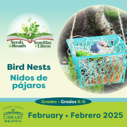 Photo of a berry basket containing natural materials for birds to take and build nests.