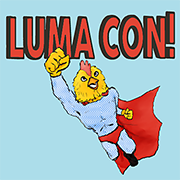 Chicken superhero with red cape under LumaCon! text