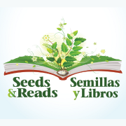 Seeds and Reads graphic with flowers coming out of a book and a pumpkin with perspective lines.