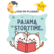 Pajama Storytime graphic featuring two kitty cats reading a book.