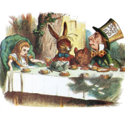 Image from Lewis Carroll's book Through the Looking Glass featuring the hare, Alice, and Mad Hatter.