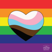 Graphic of bars of rainbow colors with a heart in the middle featuring the BIPOC Trans flag.