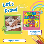 Let's Draw! Graphics of children's drawings including a rainbow, tree, and flowers.