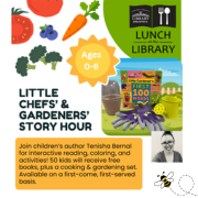 Little Chefs' & Gardeners' Story Hour graphic feature book, gardening gloves, and watering can.